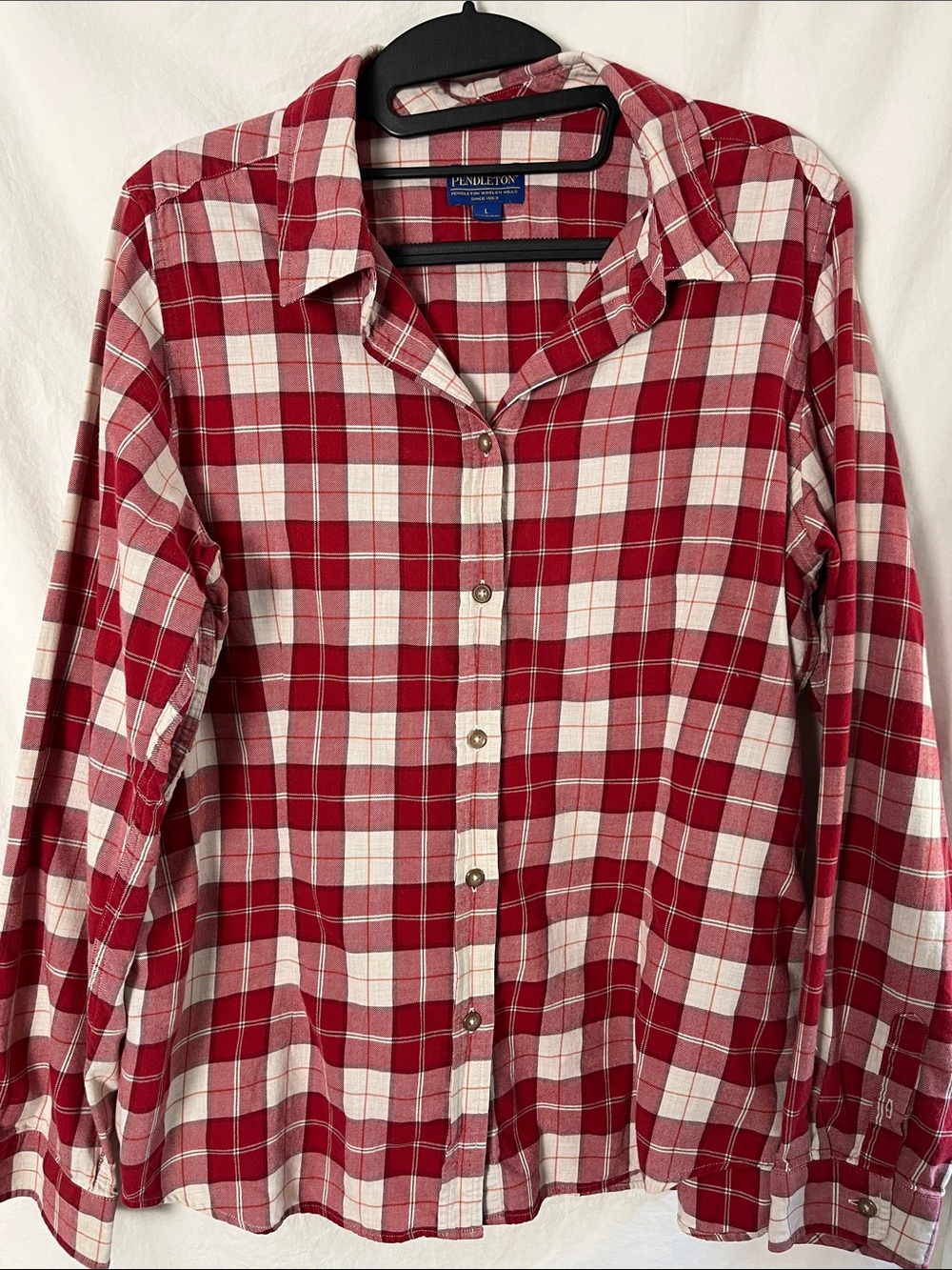 Pendleton Red and White Plaid Lightweight Flannel Button-Down Shirt Size Large